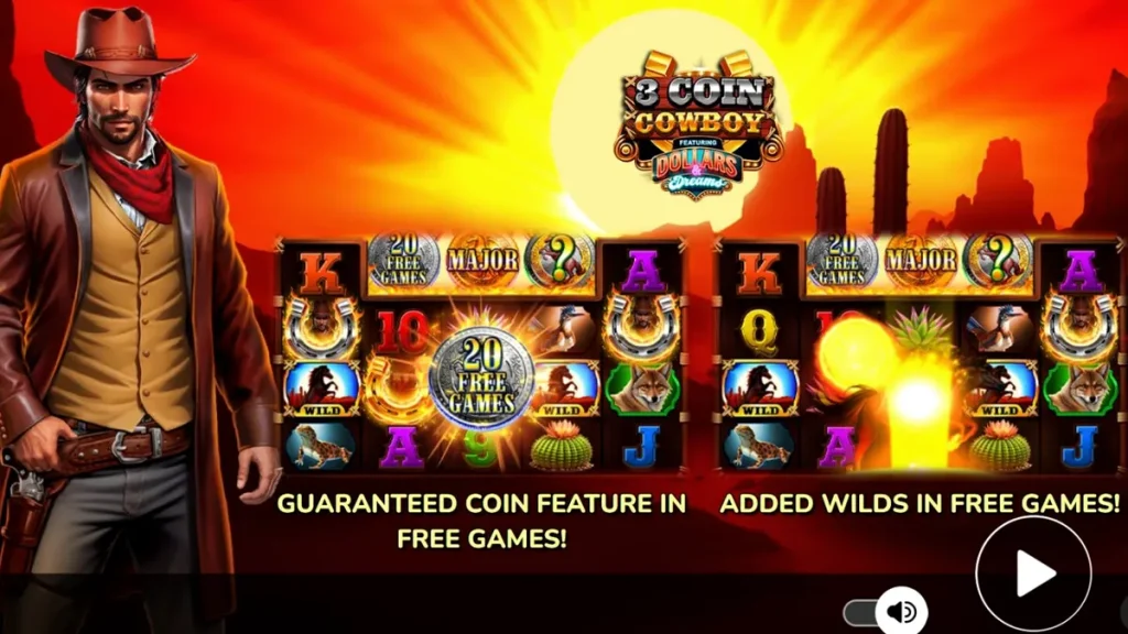 Pemandangan visual slot 3 Coin Cowboy Dollars & Dreams dengan tema Wild West yang mendalam